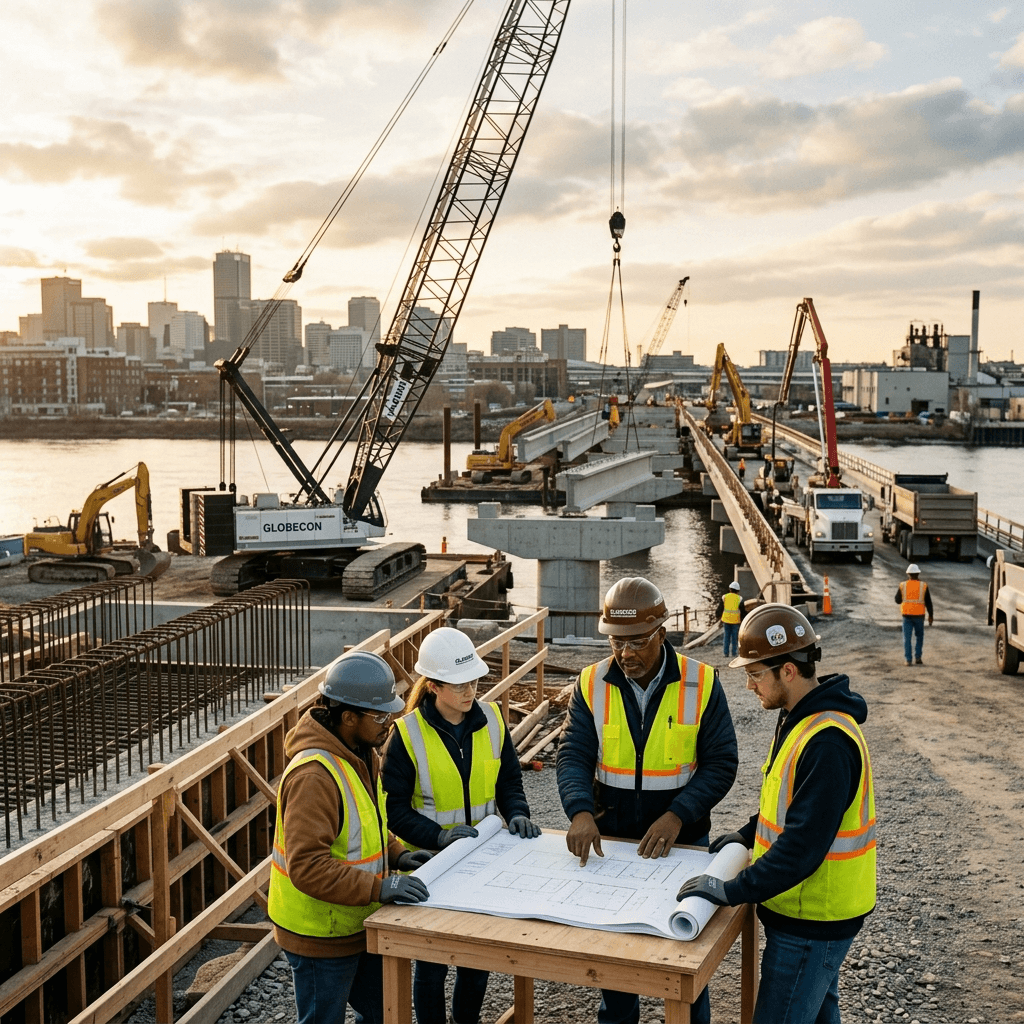 Contractors reviewing project blueprints on site
