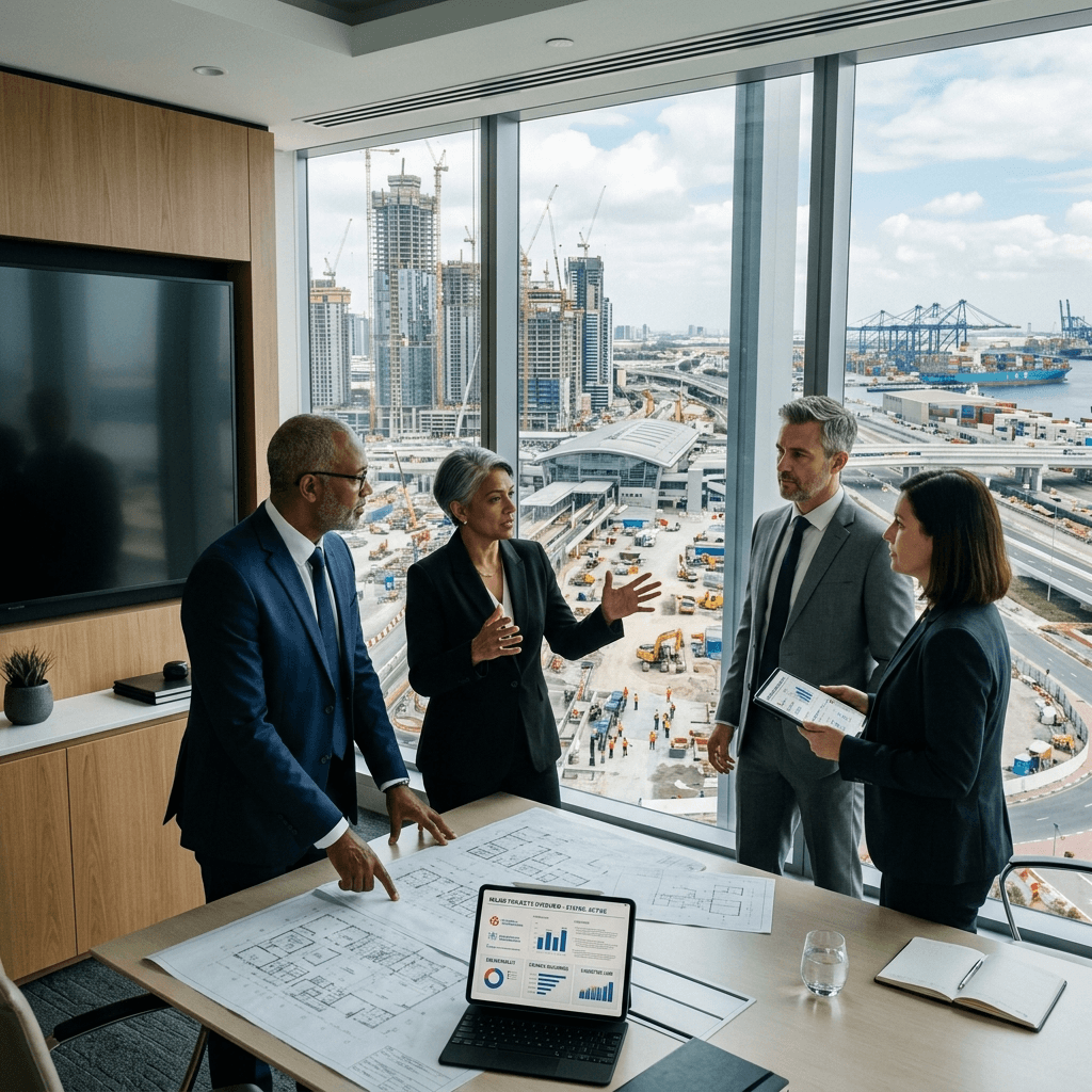 Project owners reviewing dashboard data in boardroom